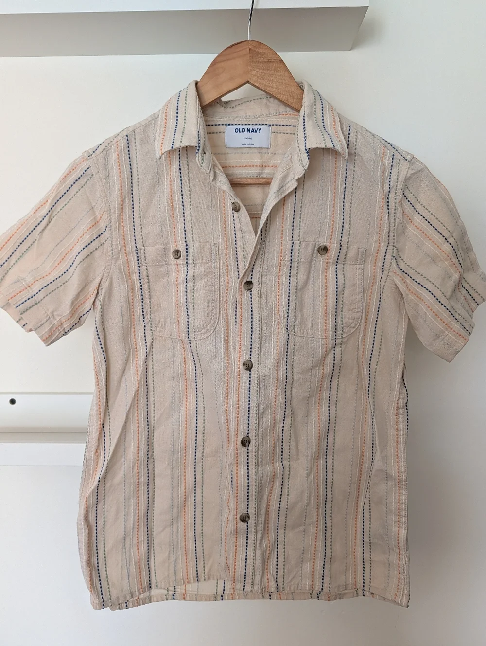 Old Navy Kids 100% Cotton L 10-12 Cream Striped Short Sleeve Button-Up Shirt